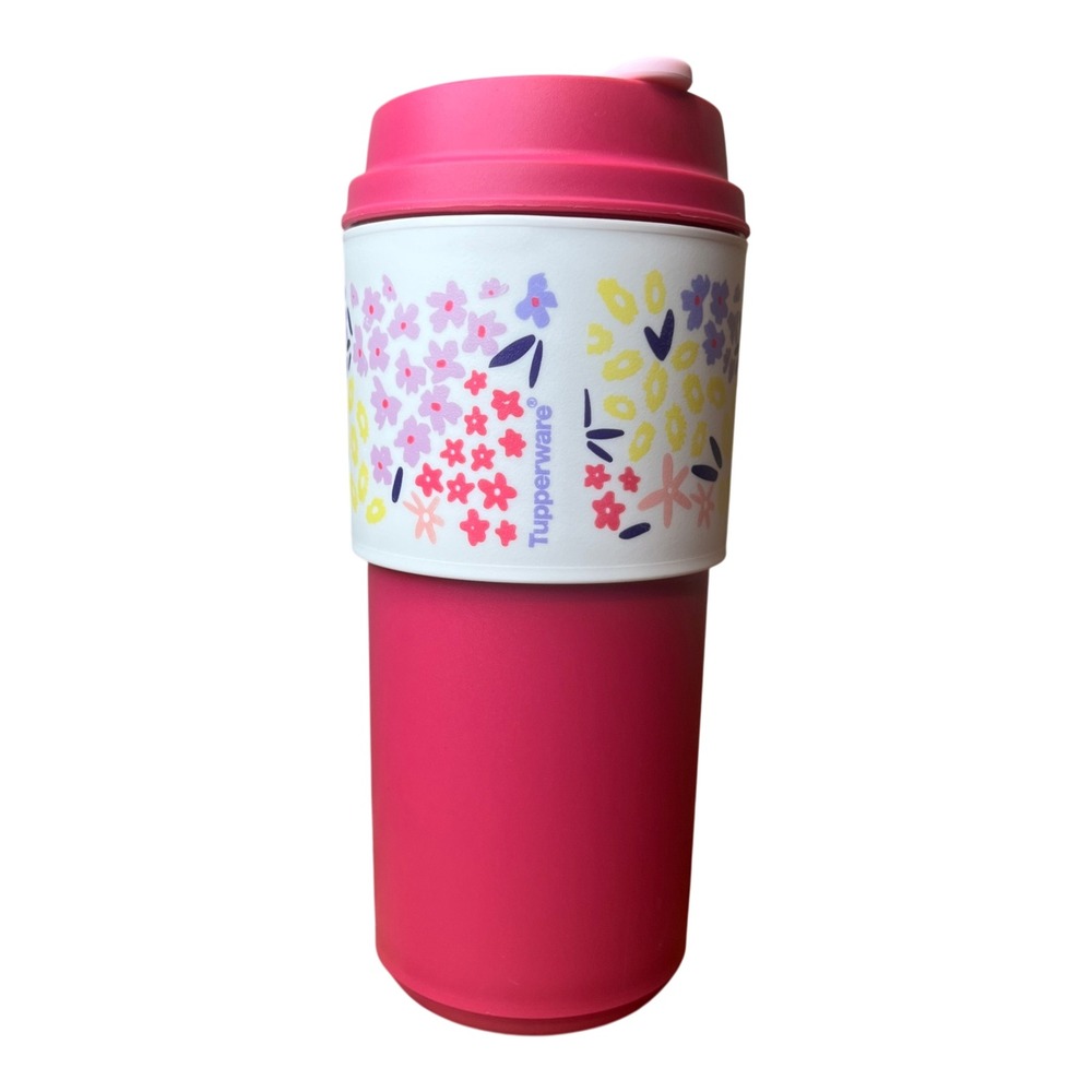 Tupperware 16oz Pink Floral Travel Mug Reusable Coffee Cup with Sleeve 8906A-3